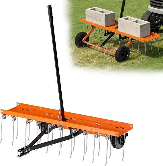 40" Tow Behind Dethatcher, Pull Behind Lawn Dethatcher with 20 Rust-Proof Tines & Heavy-Duty Tires, Tow Behind Rake for Yard & Garden Thatch and Dead Grass Removal, Fit Lawn Tractors, ATV, UTV, Orange