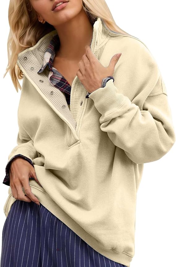 yaoeye Womens Sweatshirts - Trendy Long Sleeve Oversized Pullover Tops,Fall Fashion Half Button Henley Neck Sweaters Clothes