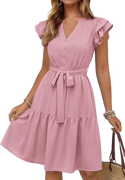 KIRUNDO Summer Dresses for Women 2026 Knee Length | Flutter Sleeve, Button Up V Neck, Cute Ruffle Flowy Tiered, Tie Waist, Loose Fit, Casual Everyday, Beach Vacation Sundress