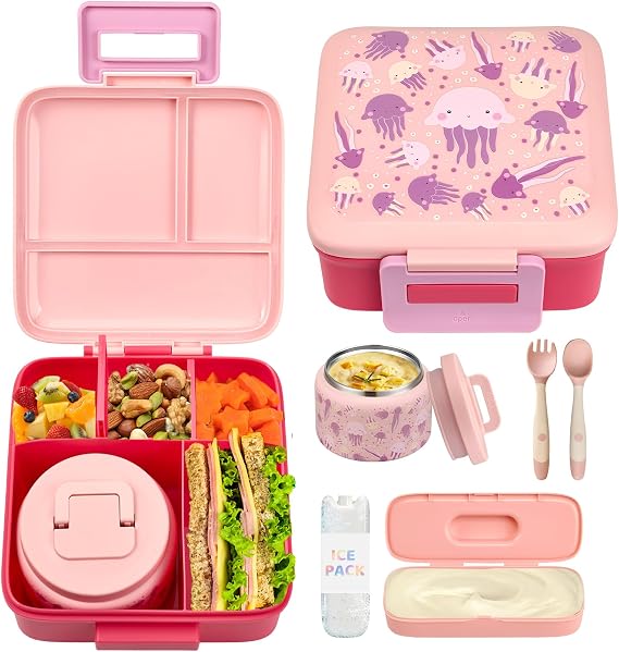 JXXM Bento Lunch Box for Kids with 8oz Soup Thermo,Leak-Proof Lunch Containers with 5 Compartment,Thermo Food Jar Food Containers for School (Pink-Jellyfish)