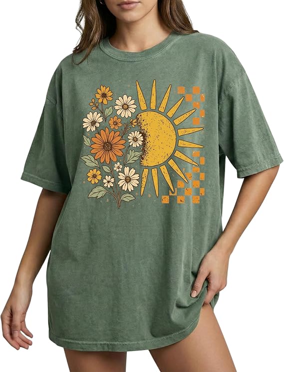 Sun and Wildflower Design - Womens Garment-Dyed - Sage Green Retro Celestial Floral Graphic Tee