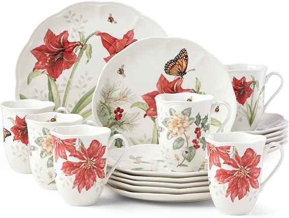 Lenox Dinnerware Set, Butterfly Meadow Holiday 18-Piece Set, Service For 6, Porcelain, Christmas Dinnerware Sets, Holiday Hosting, Dishwasher Safe, Plates and Mugs Sets (18 Pieces, Assorted)