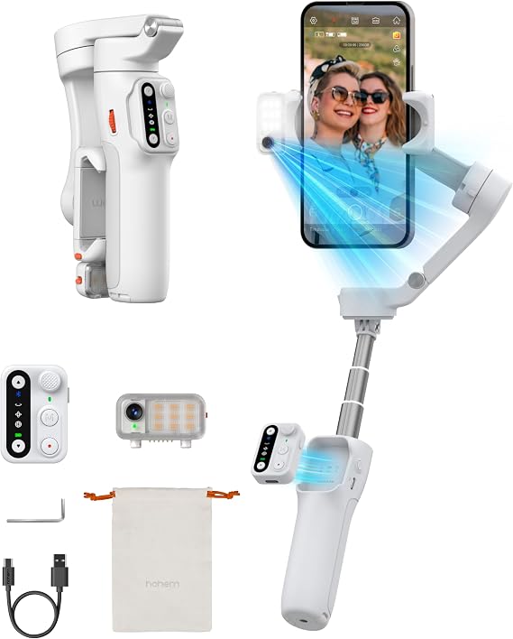 Hohem iSteady V3 Phone Gimbal Stabilizer, Magnetic AI Tracking Sensor with Fill Light, Detachable Remote Control, Built-in Extension Rod and Tripod, Foldable 3-axis Stabilization Gimbal, White