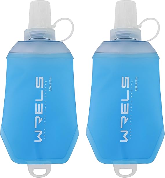 WRELS 200ml/350ml/500ml Collapsible Soft Flask,BPA Free Folding Soft Water Bottle with Hanging Ring,Lightweight TPU Hydration Flask for Running Marathon Cycling Hiking(200ml-2 Packs)