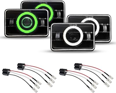 4Pcs 4x6 LED Headlights DOT Approved with Green Halo DRL4Pack H4 9003 HB2 Wiring Harness Sockets