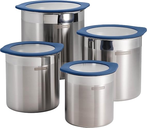 Tramontina 4-Pc Food Storage Containers with Silicone Lids - Blue | Stainless Steel Reusable Canister Set, Kitchen Pantry Organizer for Oats, Flour, Cereal, Sugar, Snacks