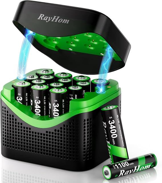 Rechargeable 8AA and 8AAA Lithium Batteries with 16 Slot Li-ion Charger