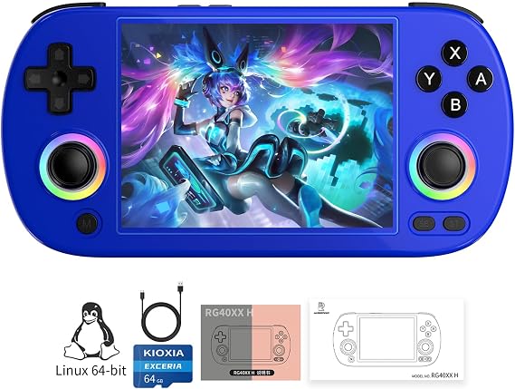 Doriteney RG40XX H Retro Handheld Game Console 4.0-inch IPS screen Linux System Game Player 64GB Card Preloaded 5000+ Games RGB Lighting 3200mAh Battery RG40XX H-BLUE
