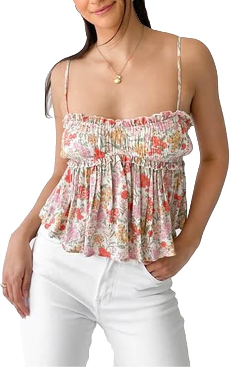 Womens Peplum Cami Tops Y2k Tie Shoulder Strap Ruffle Hem Floral Babydoll Tank Tops Summer Camisole