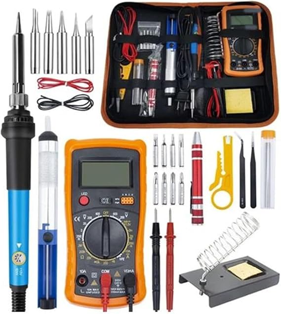 Electric Soldering Iron Set - 60W Adjustable Temperature, 25Pcs with Digital Multimeter, Tips, Stand, Tweezers, Screwdriver, Ideal for Electrical Work