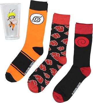 Culture Fly Naruto Shippuden 3 Pairs of Socks Plus Uzumaki Design Pint Glass Gift Set Bundle