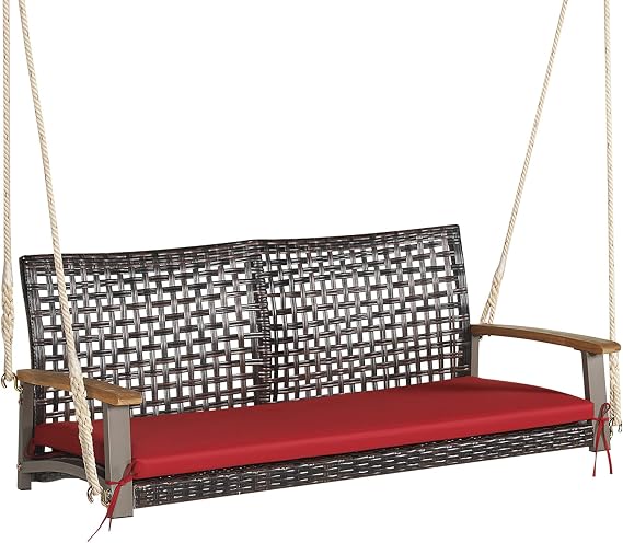 RELAX4LIFE 2-Seater Outdoor Porch Swing - PE Wicker Porch Loveseat Swing with 118 Hanging Ropes, Comfortable Cushion & Acacia Wood Armrests, Hanging Swing Bench for Porch, Garden, Yard (Red)