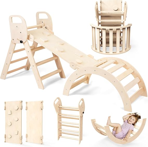 Woodure 7-in-1 Montessori Klettergerüst Indoor Set Verformbares Kletterdreieck mit Rutsche &amp; Kletterbogen Hölzernes Pikler Dreieck zum Baby Klettern Klettergerüst Montessori Spielzeug ab 1-6 Jahre