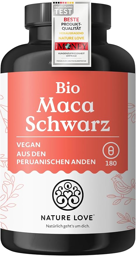 Nature Love® Organic Maca Capsules - 3000 mg Organic Black Maca per Daily Dose 180 Capsules with Natural Vitamin C No Additives such as Magnesium Stearate Certified Organic High-Dosage Vegan Made in Germany