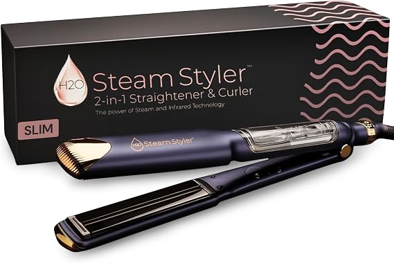 H2O Steam Styler Ultimate Steam Hair Straightener & Curler, Salon Results Frizz Control, Shine & Hydration, Infrared Heat & Ion Therapy for All Hair Types (Slim - 1.2")