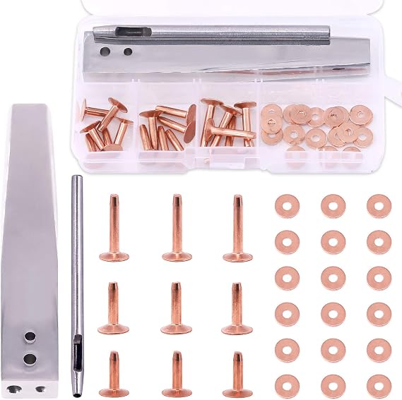 Keadic 18 Sets Copper Rivets and Burrs with Rivet Fastener Install Setting Tool and Hole Punch Cutter for Leather Products: Belts, Handbags, Ropes, Bags, Leather DIY Craft Supplies Size 9 and 12
