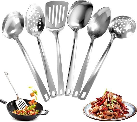 6 Pcs Cooking Utensils Set, Stainless Steel Kitchen Utensils | with Suspendable Handle, Cooking Turners Set Include Wok Ladle, Slotted Spoon, Soup Ladle