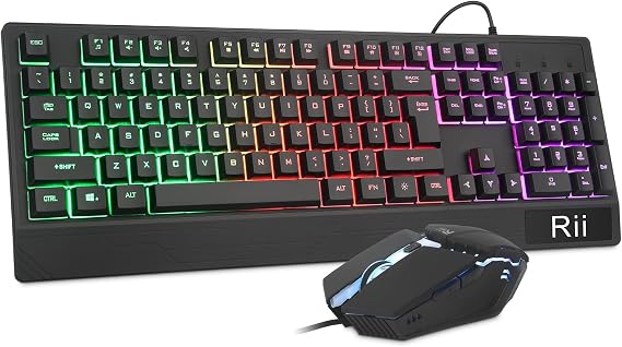 Rii Gaming Keyboard and Mouse Combo,USB Wired,104 Keys RGB LED Backlit Keyboard with Wrist Rest for PC/Laptop (Black)