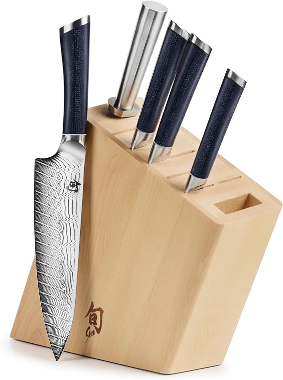 Shun Shiranami 6 Piece Block Set | Includes 4" Paring, 8" Chef's, 6.5" Nakiri, 6.5" Utility Knife & Honing Steel, VG10 & VG2 Damascus Steel, Jute Micarta Handle