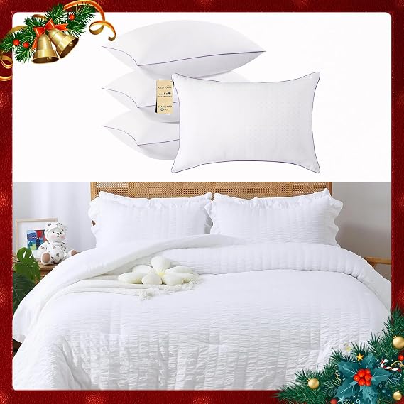 JOLLYVOGUE Pillows Queen Size Set of 4 & 3 Pieces White Seersucker Comforters Queen Size, Bed Pillows with Super Soft Down Alternative Fill