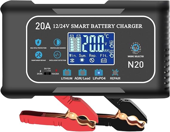 Battery Charger 0-20A 12V and 24V Lithium, LiFePo4, Lead Acid (AGM/Gel/SLA), Smart Car Battery Charger and Maintainer, Trickle Charger with Pulse Repair for Car, Boat, Marine, deep Cycle