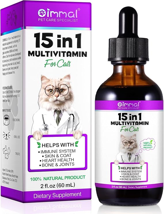 Cat Vitamins and Supplements, 15 in 1 Cat Multivitamin Drops, 60ml Multivitamin for Cats, Helps with Immune System, Skin and Coat, Gut Health and Heart Health Digestion