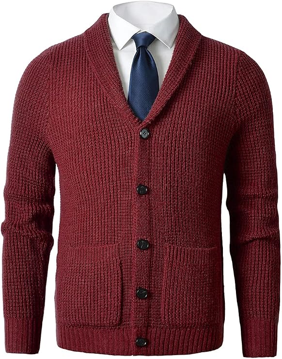 ZHILI Men's Shawl Collar Cardigan Sweater Slim Fit Cable Knit Button up Merino Wool Sweater