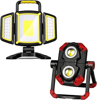 Yzoni LED Work Light Rechargeable, 2 COB Folding Portable Flood Light with Magnetic Base and 360 Rotation Stand, Waterproof Spotlights for Camping, Car Repairing, Emergency and Job Site Lighting