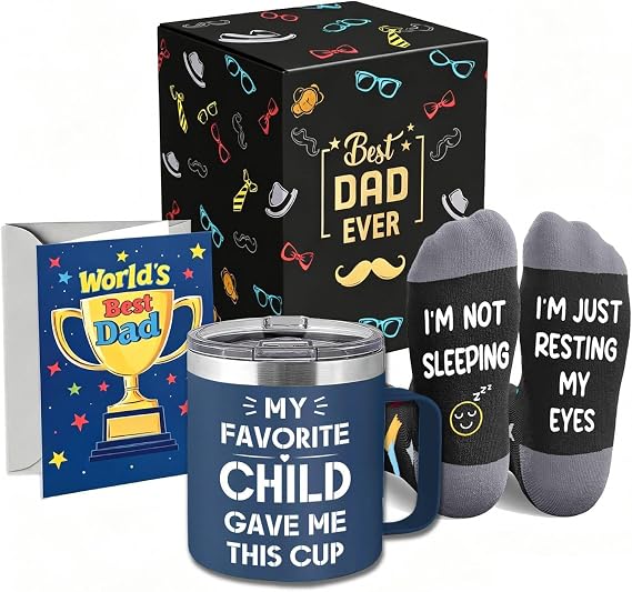 Gift Box for Dad - Unique Father Gifts with Funny Tumblers, Socks & Greeting Card, Present for Dad from Son Daughter Kids