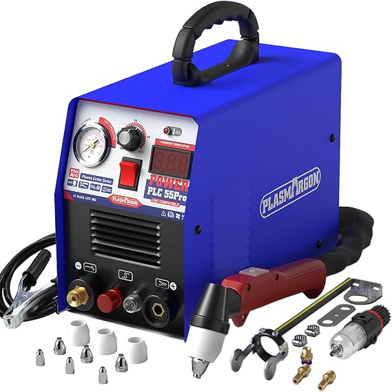 Plasma Cutter Pilot Arc 55A Non-touch Plasma Cutter machine PLC55P Dual Voltage 110V 220V Upgrade DC Inverter IGBT Plasma Cuttering Equipment Digital Display 1/2 Inch Clean Cuts