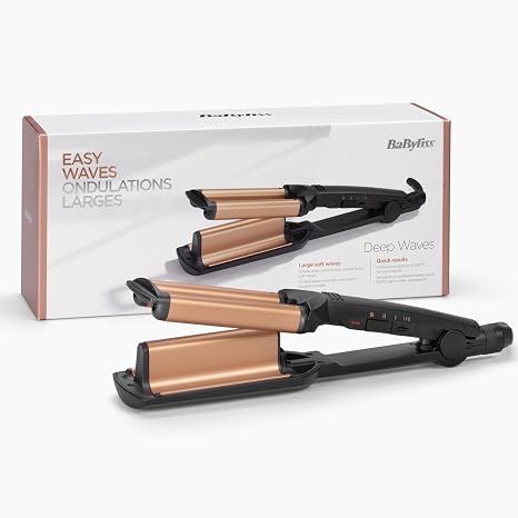 BaByliss Deep Waves Wave Iron - Ceramic Coating 3 Temperature Settings (160°C-200°C) Frizz-Free Mermaid Waves & Beach Waves Fast Heating - Black & Gold W2447E