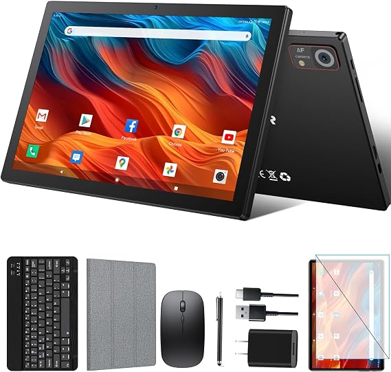 10.1 Inch Android Tablet, 8GB + 128GB, 2 in 1 Black with Keyboard Kit | Octa-Core, 1TB Expand, 13MP+8MP Camera, 7000mAh Battery, 5G WiFi , BT 5.0, GPS, GMS Certified, Mouse, Case Kit