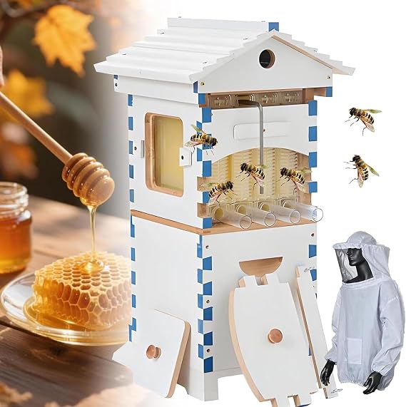 Beehive Starter Kit, Self-Flow Hive with Observation Window & Honey Spout, Complete Wooden Bee Box with 4 Frames & 6 Honeycomb Trays, for Garden Pollinators