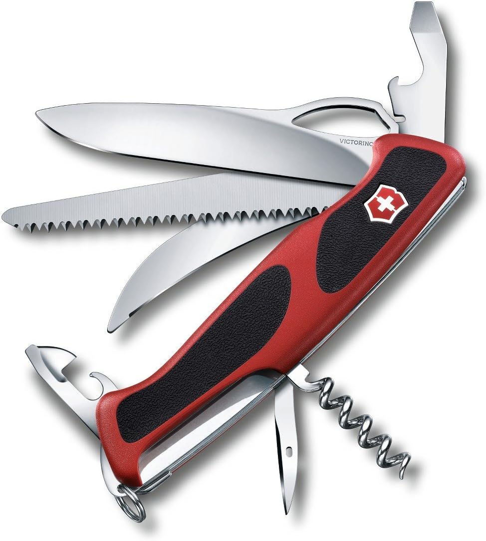 Victorinox Ranger Grip Swiss Army Knife, 12 Function Swiss Made Pocket Knife with Wood Saw, Large Lock Blade and Toothpick - Ranger 57 Hunter Grip RedBlack