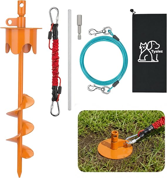 17" Heavy Duty Dog Tie Out Stake with 25 FT Cable & Buffer Rope