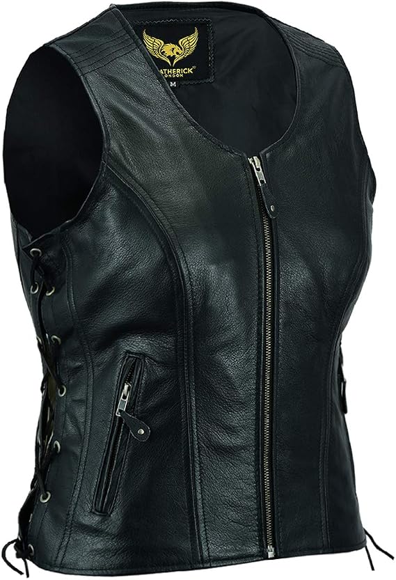 Leatherick Women Top Grain Genuine Buffalo Black Ladies Leather Vests for Motorcycle Bikers