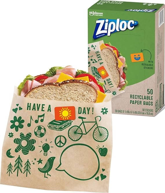 Ziploc Paper Sandwich and Snack Bags, Recyclable & Sealable with Fun Designs, 50 Bags Total