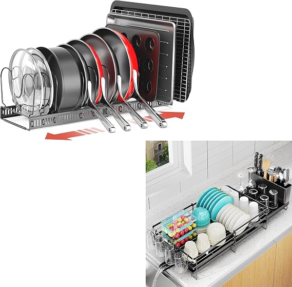 Pots and Pans Organizer Expandable 11.8"-22.8" & Extendable Large Dish Drying Rack for Kitchen Counter, 13.4"-28.7" L x 11.8" W