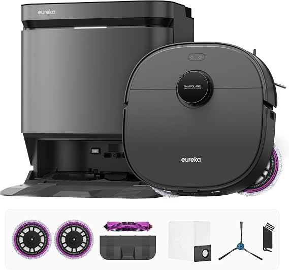 Eureka J15 Pro Ultra Robot Vacuum and Mop with Self Emptying Base, 16,200 Pa Suction, Flex-Arm Design Mop, Auto Mop Hot Water Washing & Hot Air Drying, Anti-Tangle, AI Obstacle Avoidance, Black
