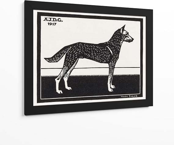 Canvas Lab | Dog by Julie de Graag | 23 x 17 in | Fine Art Framed Print, Frame Color: Black | Animals, Black and White, Illustrations, Minimalist, Modern art, Dogs, Vintage, Drawing, Pets
