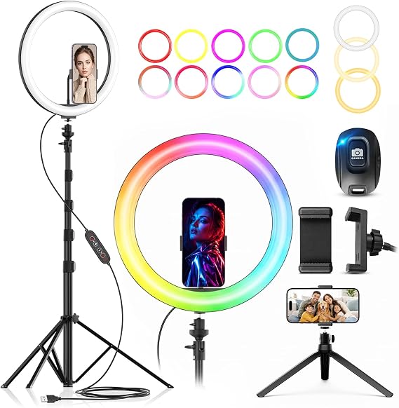 PEYOU 12" Selfie Ring Light with 73" Extendable Tripod Stand and Phone Holder, 38 Color Modes Dimmable RGB Ring Light,3-in-1 Desk & Floor Use for iPhone, Makeup, TikTok, YouTube, Live Streaming