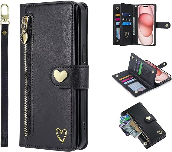 Wallet Case for Huawei Y7 Pro 2019, Leather Slim Love Heart Flip Case, with [Card Slots] [Kickstand] [Wrist Strap] Magnetic Case Cover, Flip Shockproof Phone Case-Black