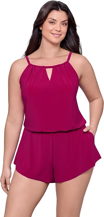 Aqua Green Women's Keyhole Blouson Slimming Swim Romper with Pocket