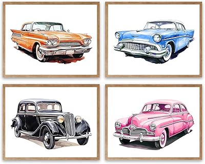 LNLAGBO Watercolor Classic Car Art Prints,Retro Old Cars Canvas Wall Art,Vintage Classic Car Poster for Boys Room Nursery Teens Bedroom Playroom Decor Set of 48X10Unframed