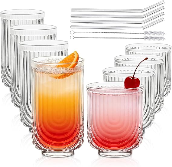 INSETLAN Water Drinking Glasses Set of 8-4 Highball Glasses 14 oz, 4 Rocks Glass Cups 12 oz, Arch Design Cocktail Glasses, Vintage Glassware, With Glass Straw, for Beverages Ice Coffee Juice Water