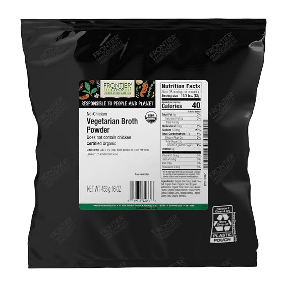 Frontier Co-op Organic No-Chicken Vegetarian Broth Powder, Bulk Bag, Organic Vegetable Soup Base Mix for Soups, Stews, Hot Drinks, Restaurant Supply | 16 Ounce Pack of 1