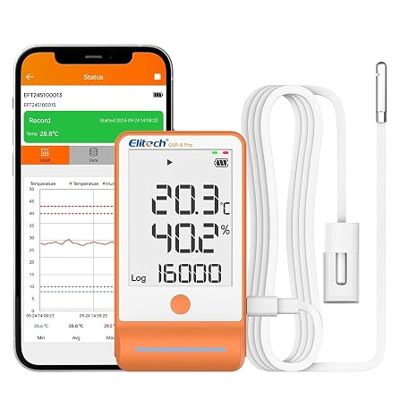 Elitech GSP-6Pro GLE+THE Bluetooth Temperature Humidity Logger Digital Thermometer with Shadow Data 100000 Points Data Storage PDF Export, MAX MIN AVR MKT Ideal for Cold Chain HACCP Compliant