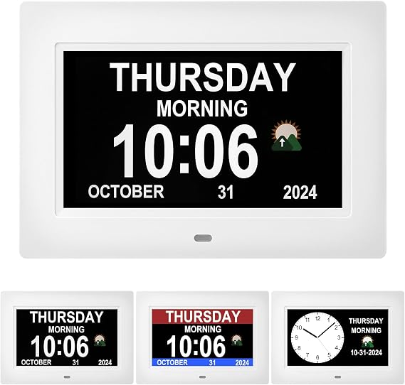 Dementia clock,digital clock with with days dates and time of day, day clock with day and date for elderly uk(No adapter). (white, 7 inches)