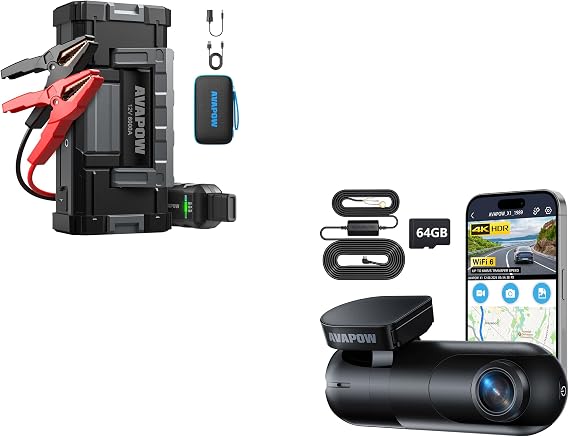 AVAPOW 4K Dash Cam Front for Cars, Free Hardwire Kit & 64GB Card Included - WiFi 6 & AVAPOW 6000A Car Battery Jump Starter(for All Gas or up to 12L Diesel)
