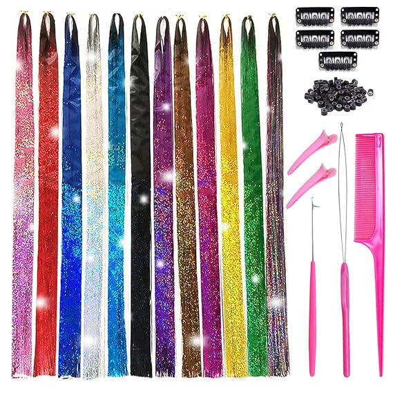 Hair Tinsel 3000 Strands With Tools 44 Inch 12 Colors Fairy Hair Tinsel Kit for Girls Glitter Hair Tinsel Strands Kit Heat Resistant Sparkling Shiny Hair Extensions (12 Colors/3000 Stands)